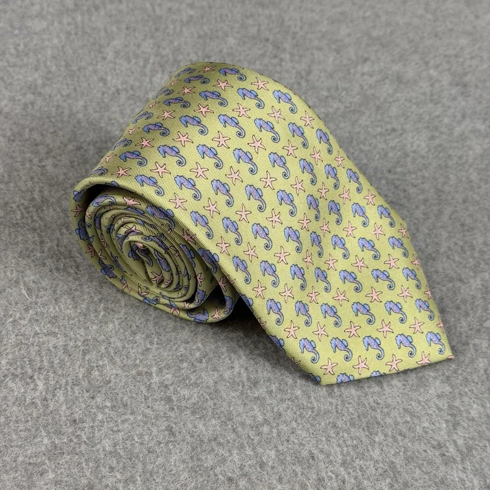 Vintage Alynn Neckwear Silk Seahorse Starfish Novelty Tie Green Handmade 60x3.25